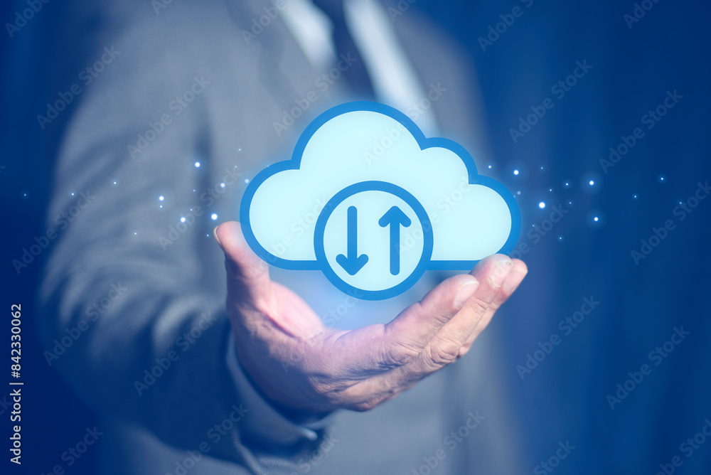 Poster businessman hand holding cloud computing. cloud technology concept. technology internet storage netw