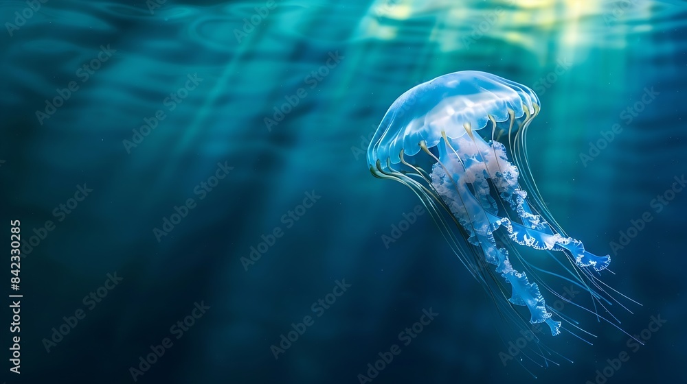 Poster jellyfish floating in the oceansea the light passes through the water creating a volumetric ray effe