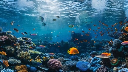 Panoramic view of the coral reef Animals of the underwater sea world Ecosystem Colorful tropical fish : Generative AI