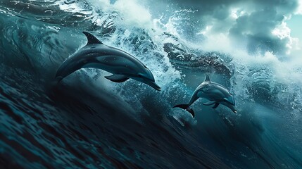 Naklejka premium two dolphins underwater and breaking splashing wave above them : Generative AI