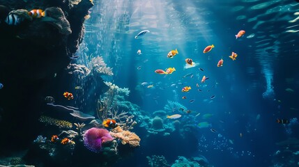 underwater coral reef landscape background  in the deep blue ocean with colorful fish and marine...