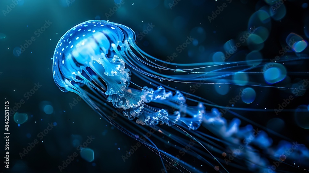 Poster jellyfish floating in the oceansea the light passes through the water creating a volumetric ray effe