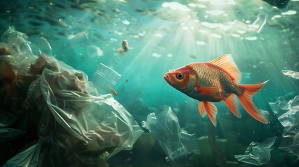 Naklejka premium Fish Swims Among Plastic Ocean Pollution Plastic Pollution Affects Sea Life Throughout the Ocean Environment Concept : Generative AI