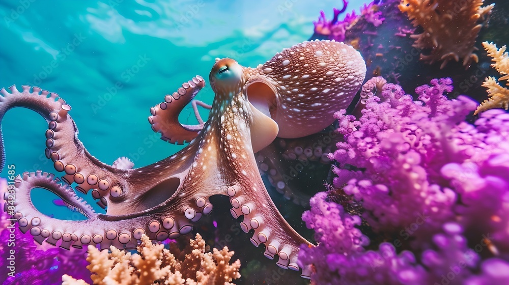 Poster the magnificent octopus perfectly accepts the color of the purple coral reef demonstrating the skill