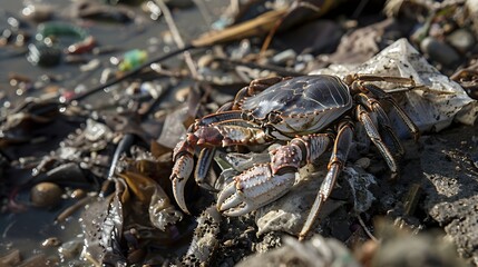 Marine crab on discarded Waste pollutioncontaminated sea habitatCOVID19 disease effects : Generative AI