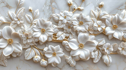 White 3D Flowers on Marble Background for Home Decor