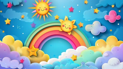A whimsical illustration of a rainbow in the sky with clouds, stars, and smiling suns.