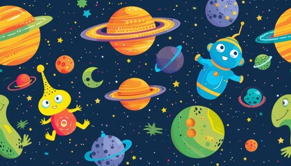A whimsical space scene with friendly aliens, planets, and stars. Perfect for kids' decor or space-themed projects.