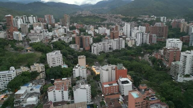 Aerial View of Western Cali, Santa Teresita Neighborhood, Colombia. Dolly Forward with Aguacatal Neighborhood in the Background