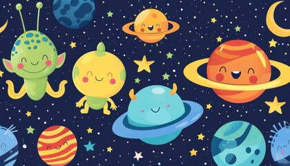 Cute cartoon planets and aliens on a starry night sky. Seamless pattern.