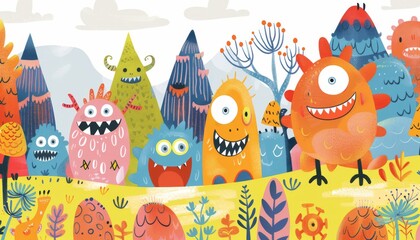 Naklejka premium A cheerful group of colorful monsters stand in a whimsical landscape with bright flowers and plants.
