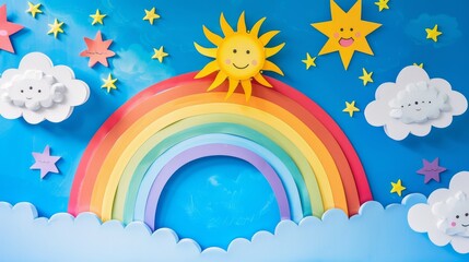A colorful rainbow with clouds and stars on a blue background.