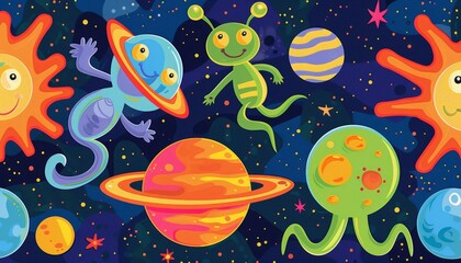 A seamless pattern featuring playful aliens, planets, and stars in a colorful space setting.