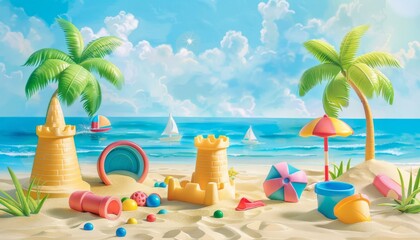 Fototapeta premium A sunny beach scene with sandcastles, beach toys, and palm trees. Perfect for summer, vacation, or childhood themes.