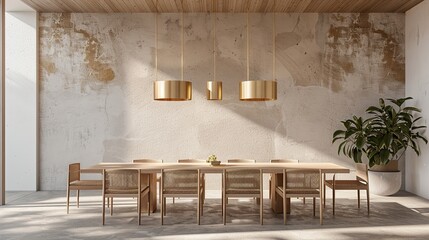 Minimalist interior design of modern dining room with brass pendant lights against beige stucco wall. copy space for text.