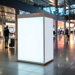 Prominent medium square light box in the shopping section of an airport.