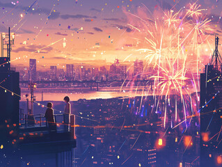 Couple Watching Fireworks over Cityscape for Romantic Background