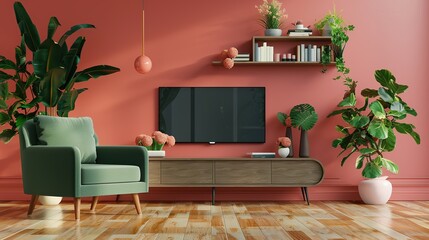 Pastel TV room with green armchair and decoration accessory- 3D rendering. copy space for text.