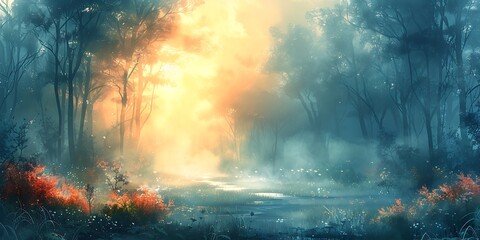 Foggy morning in the forest. 3D illustration. Nature background
