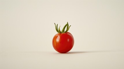 Small cherry tomato against a white backdrop