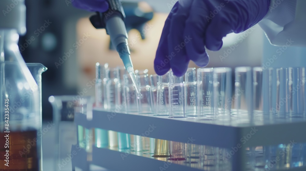 Poster a scientist's gloved hands performing precise pipetting into a row of test tubes, emblematic of labo