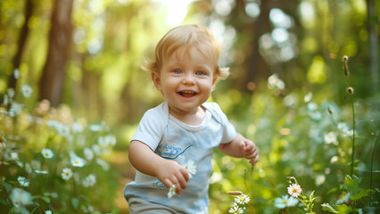 a smiling baby running through the forest