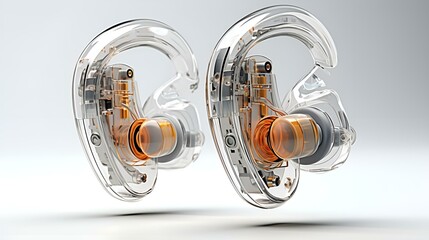 A pair of earphones with orange and clear parts