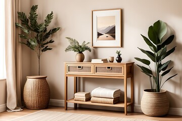 Mockup frame in Scandi living room interior, 3d render