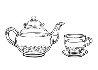 Hand drawn teapot, cup, sea buckthorn. Vector illustration in outline style.