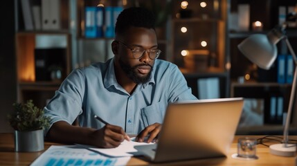 Fototapeta premium Man with beard wearing glasses, working on a laptop in a dimly lit room, showing concentration and professionalism