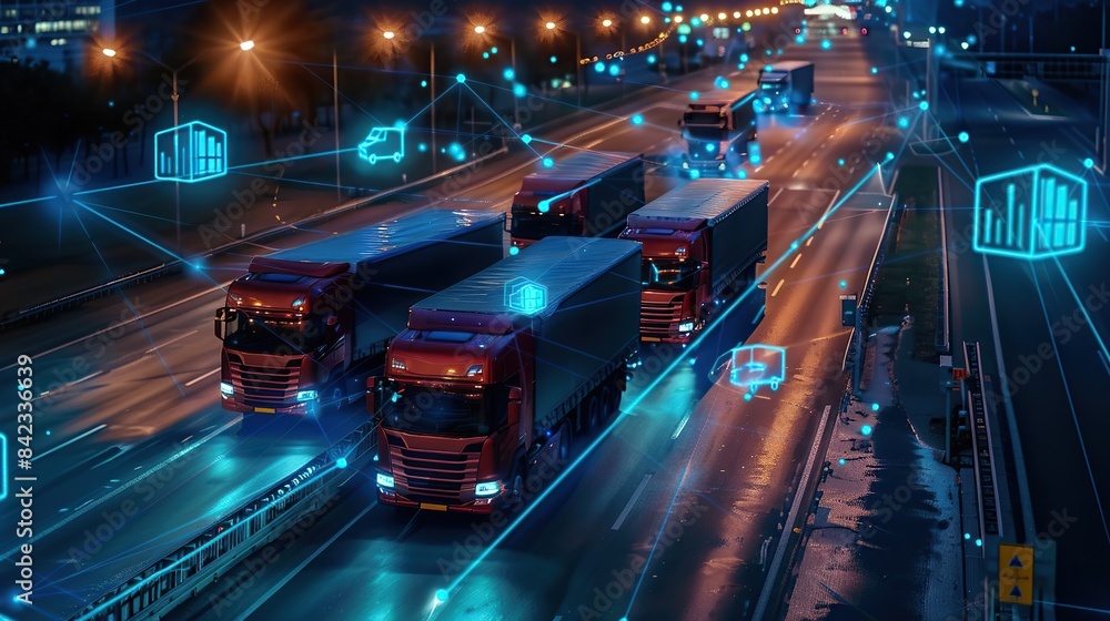 Poster smart fleet management system visualized with connected trucks on digital network. copy space for te
