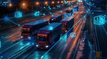 Smart fleet management system visualized with connected trucks on digital network. copy space for text.