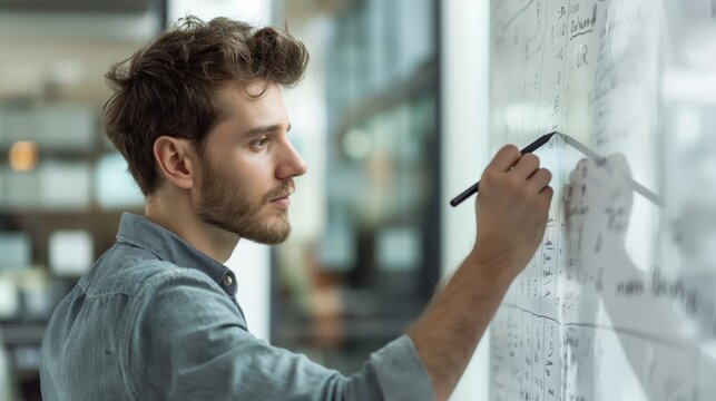Focused man with obscured face in front of a glass whiteboard covered in complex calculations and equations - Powered by Adobe