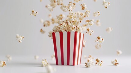 Popcorn spilling out of a red and white striped box set against a white backdrop