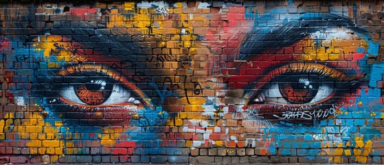A captivating mural of expressive eyes painted on a brick wall, featuring vibrant colors and...