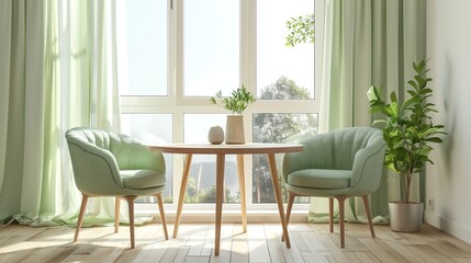 Two mint color chairs at round wooden dining table against window dressed with light green and white curtains. Scandinavian interior design of modern dining room. copy space.