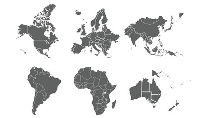 world map divided into continents isolated on white background. for website layouts, reports, annual infographics, world,travel around the world, map silhouette backdrop.