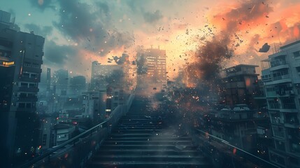 Dramatic Futuristic Cityscape with Surreal Floating Elements and Explosive Chaos