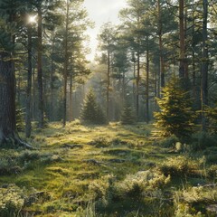 forest with a sun shining through the trees