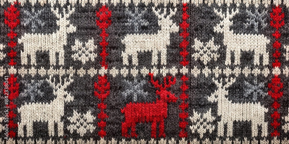 Aufkleber a knitted sweater with a pattern of reindeer and snowflakes