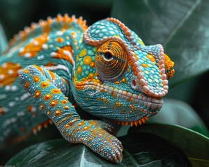 Detailed close-up of a vibrant chameleon showcasing its intricate patterns and colors, resting on a lush green leaf in its natural habitat.