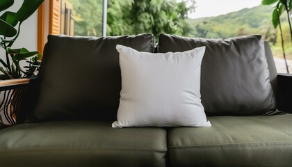 blank white polyester pillow with no pillow sitting on a couch - closeup mockup template
