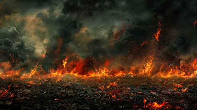  a war-torn landscape background. depict a desolate battlefield with extensive fire billowing smoke. The ground is charred and littered with debris. sky is dark and filled with dense smoke clouds