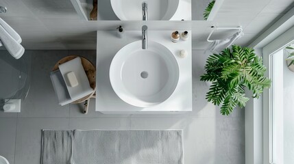 3D render of a modern bathroom interior with a sink, in a top view, close up. A white and grey color palette.
