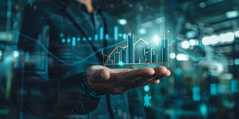 Process to increase productivity concept. Businessman holding productivity icon with growth graph for industrial management in efficiency and efficient process. Lean cost and productive growth design