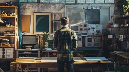 A man stands with his back to the camera, observing a creative and messy artist's studio with a blurred out face