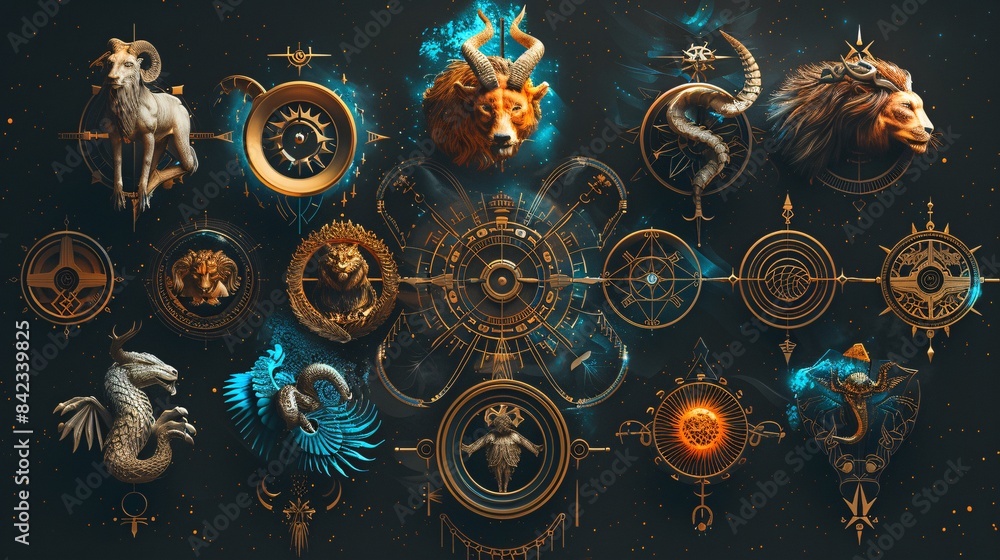 Aufkleber modern graphic of the 12 zodiac symbols with a section for text in an editorial design