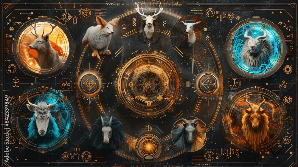 Poster modern graphic of the 12 zodiac symbols with a section for text in an editorial design