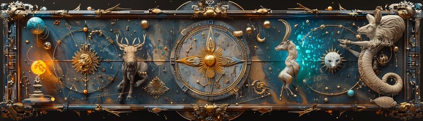 Zodiac signs in a vintage illustration with a blank space for editorial text