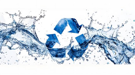 Blue water splash recycling symbol on a white background, representing the concept of water recycling